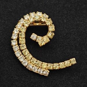 Rhinestone Swirl Brooch Gold Tone Clear Yellow/Lt Green Spiral‎ 1.5" Pin